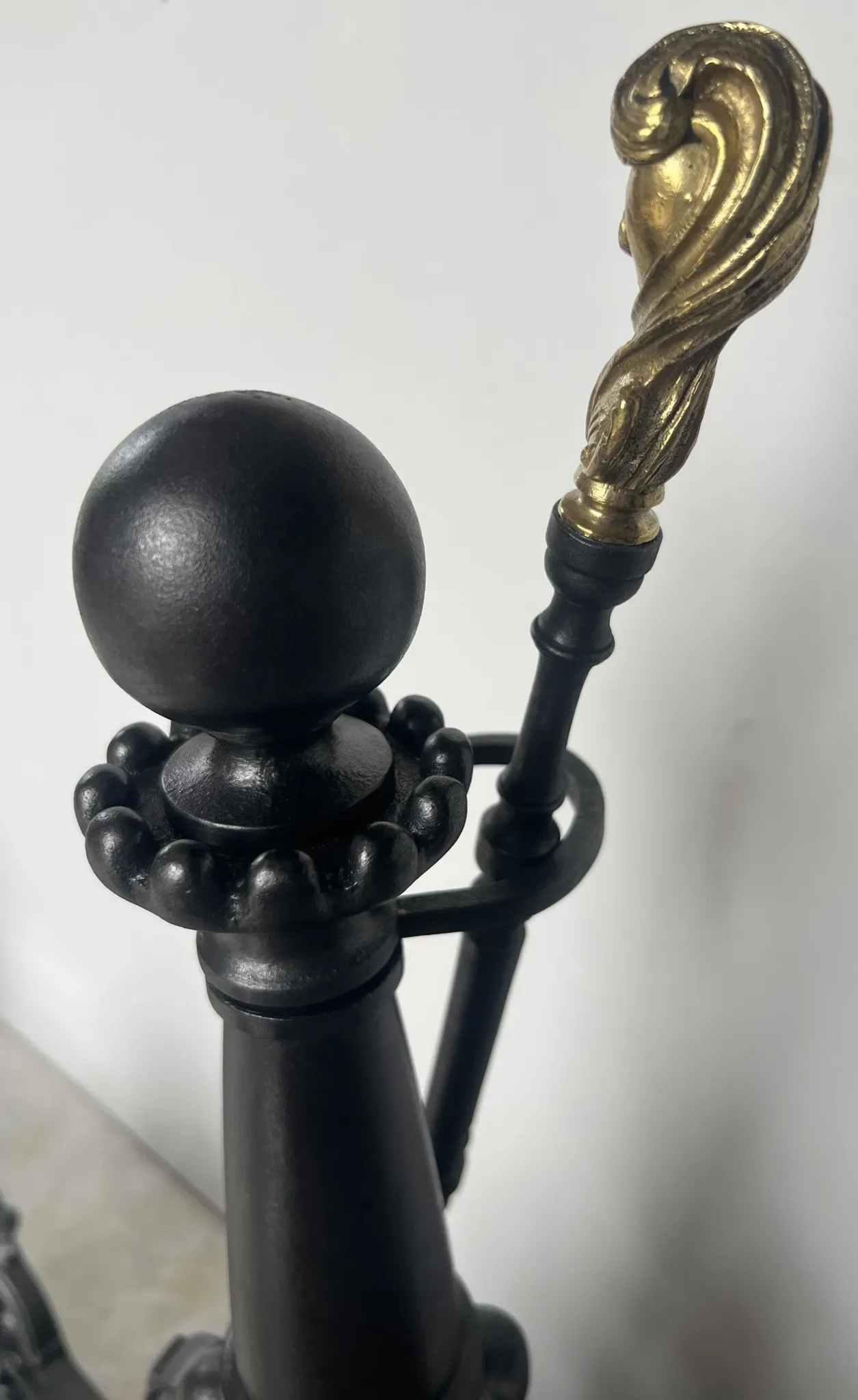 19th-century cast iron fireplace set, bar, andirons & plaque with griffins