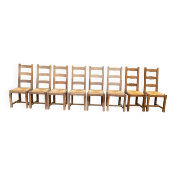 8 chaises à manger bois massif paillées type ferme dossier haut