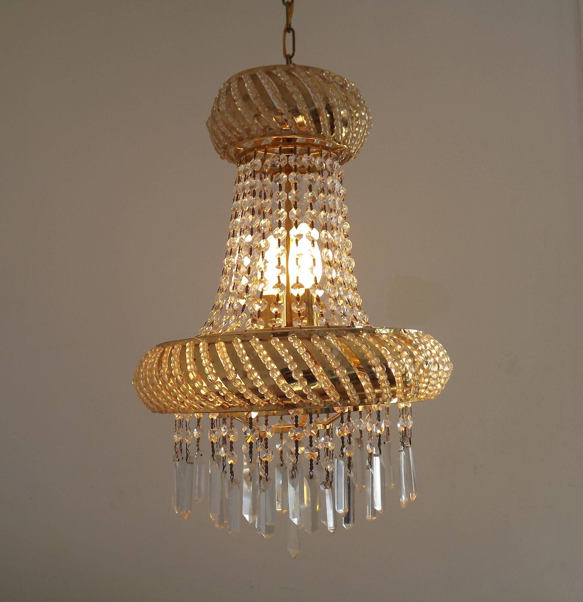 Vintage Gold Metal 5-Light Chandelier – Crystal Beads & Glass Prisms