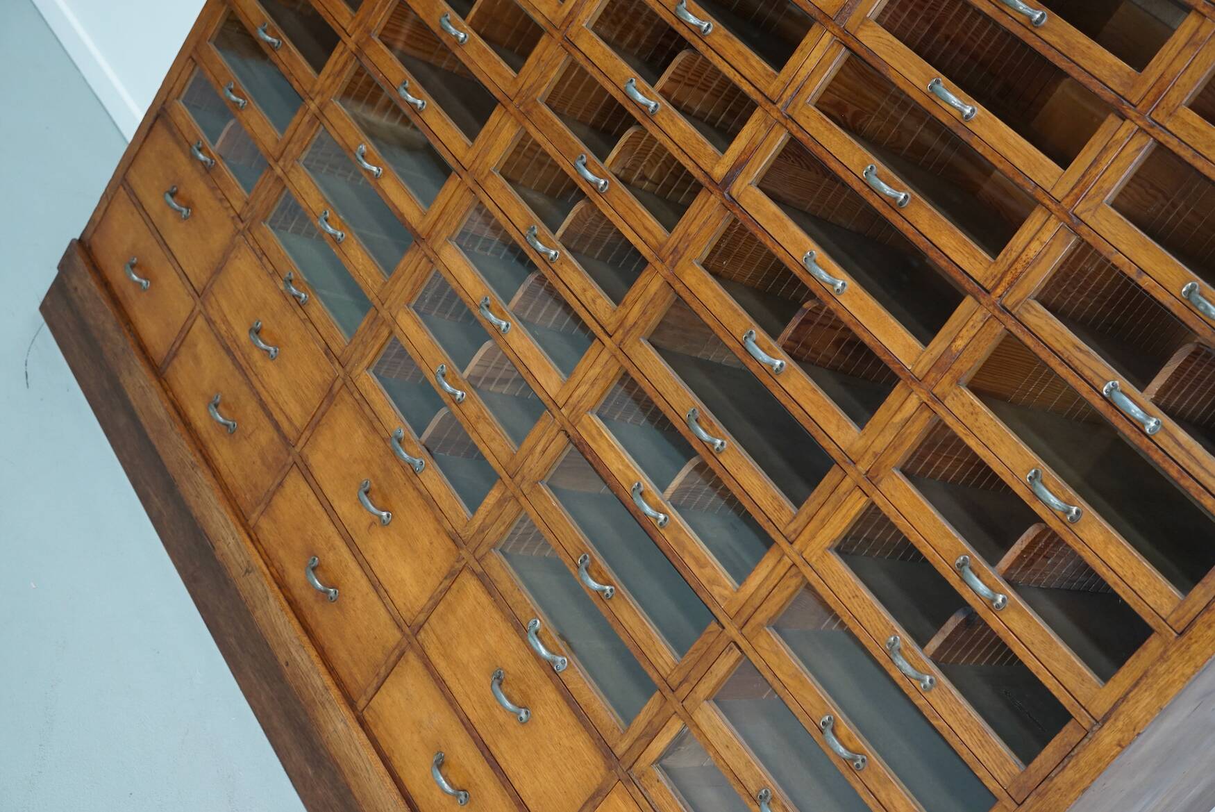 Large vintage German oak haberdashery shop cabinet, 1940s
