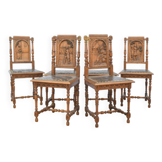 Suite of 6 wooden and leather chairs