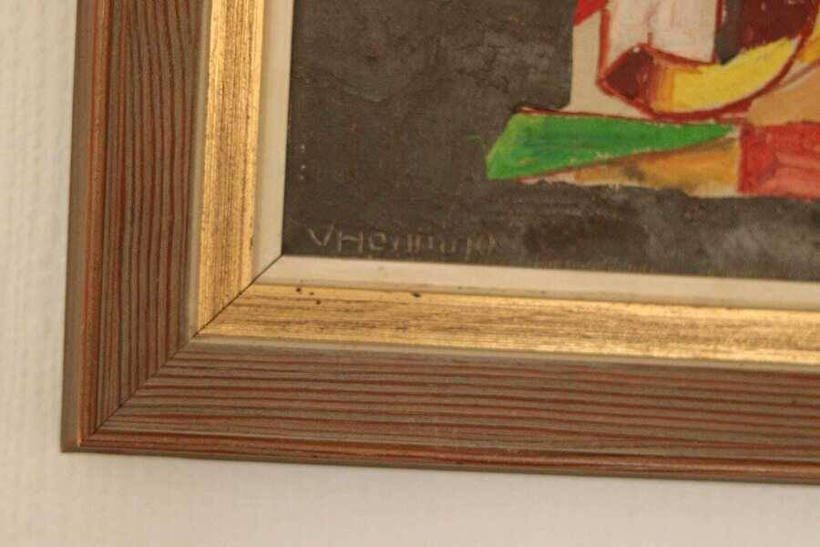 Original mid-century Swedish oil on canvas – “Layers” by Wilhelm Henning – signed & framed – 32 × 39 cm (12.6" × 15.4")