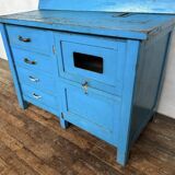 Wooden commercial workshop furniture with 4 drawers and 2 hinged doors - original patina