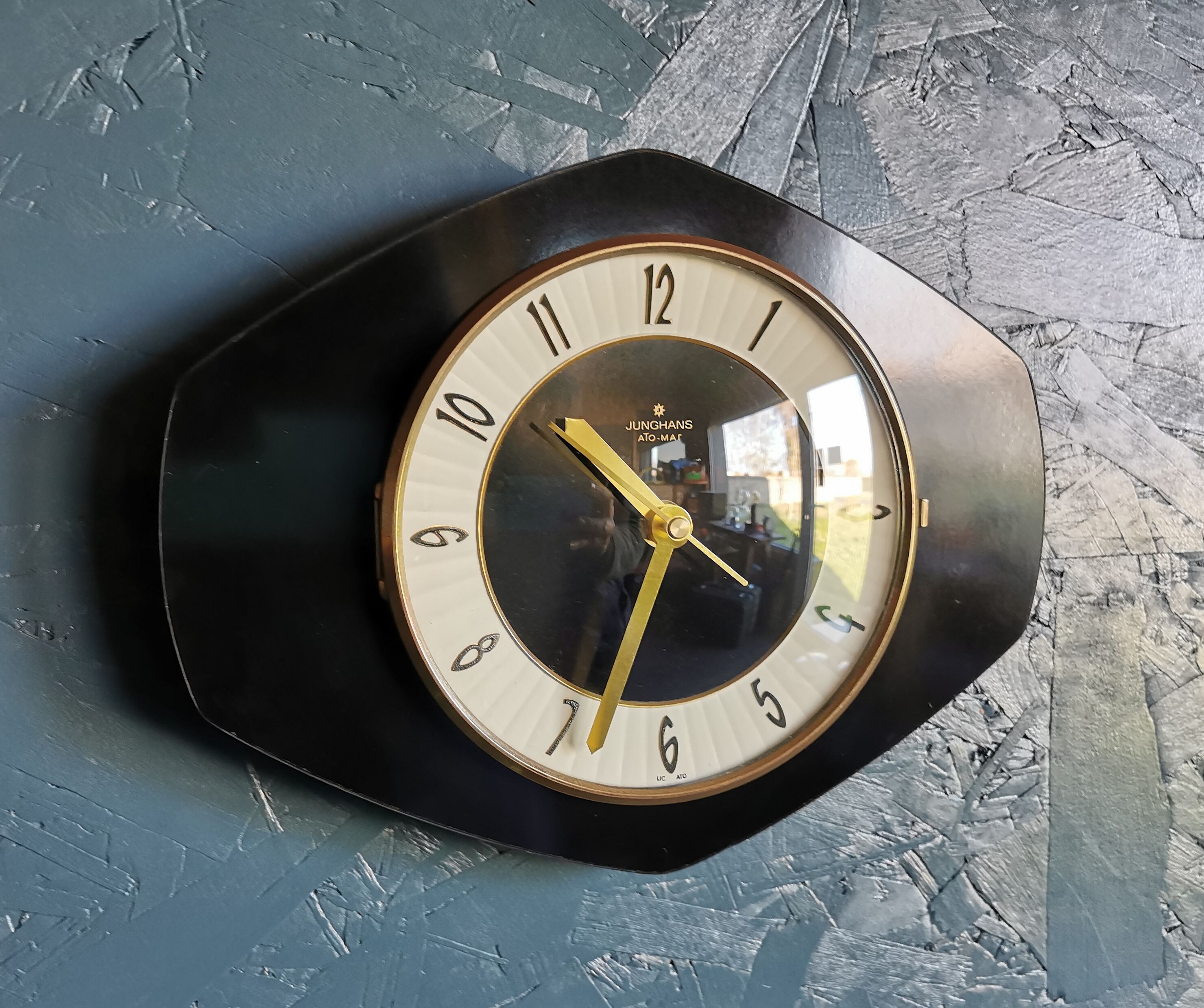 Vintage formica clock silent wall clock "Junghans golden black"