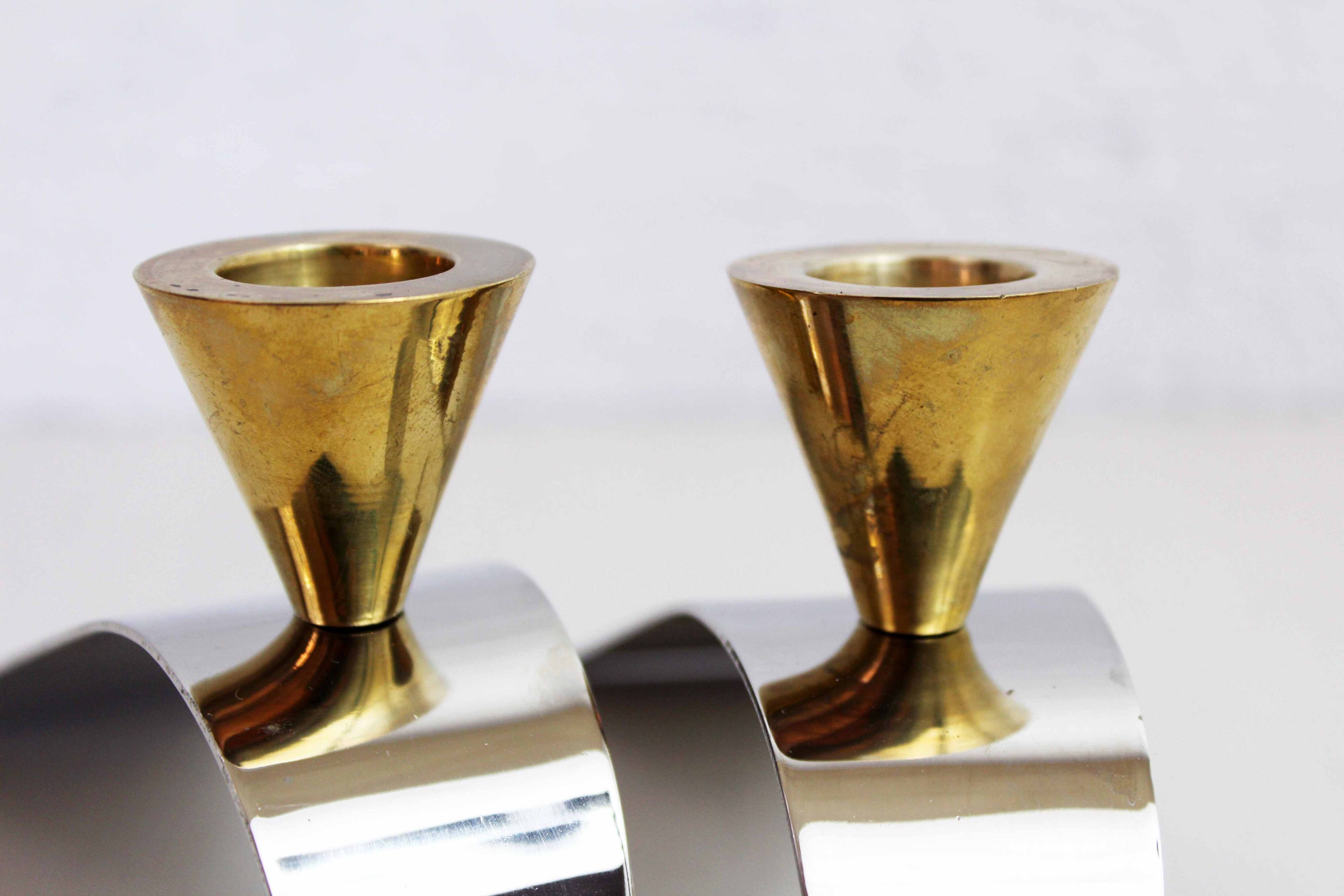 Pair of brass and chrome-plated metal candlesticks