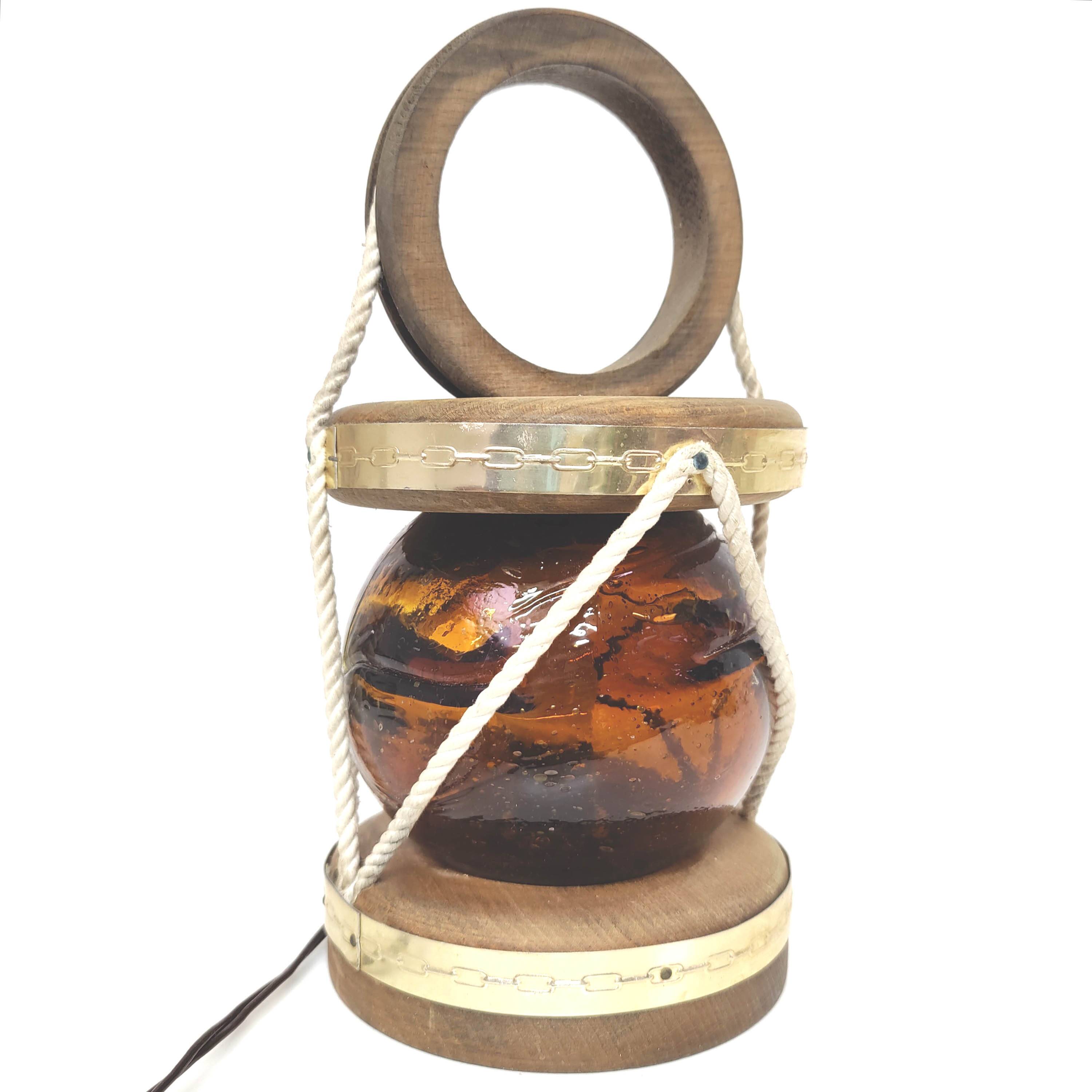 Marine lamp float amber blown glass wood and rope