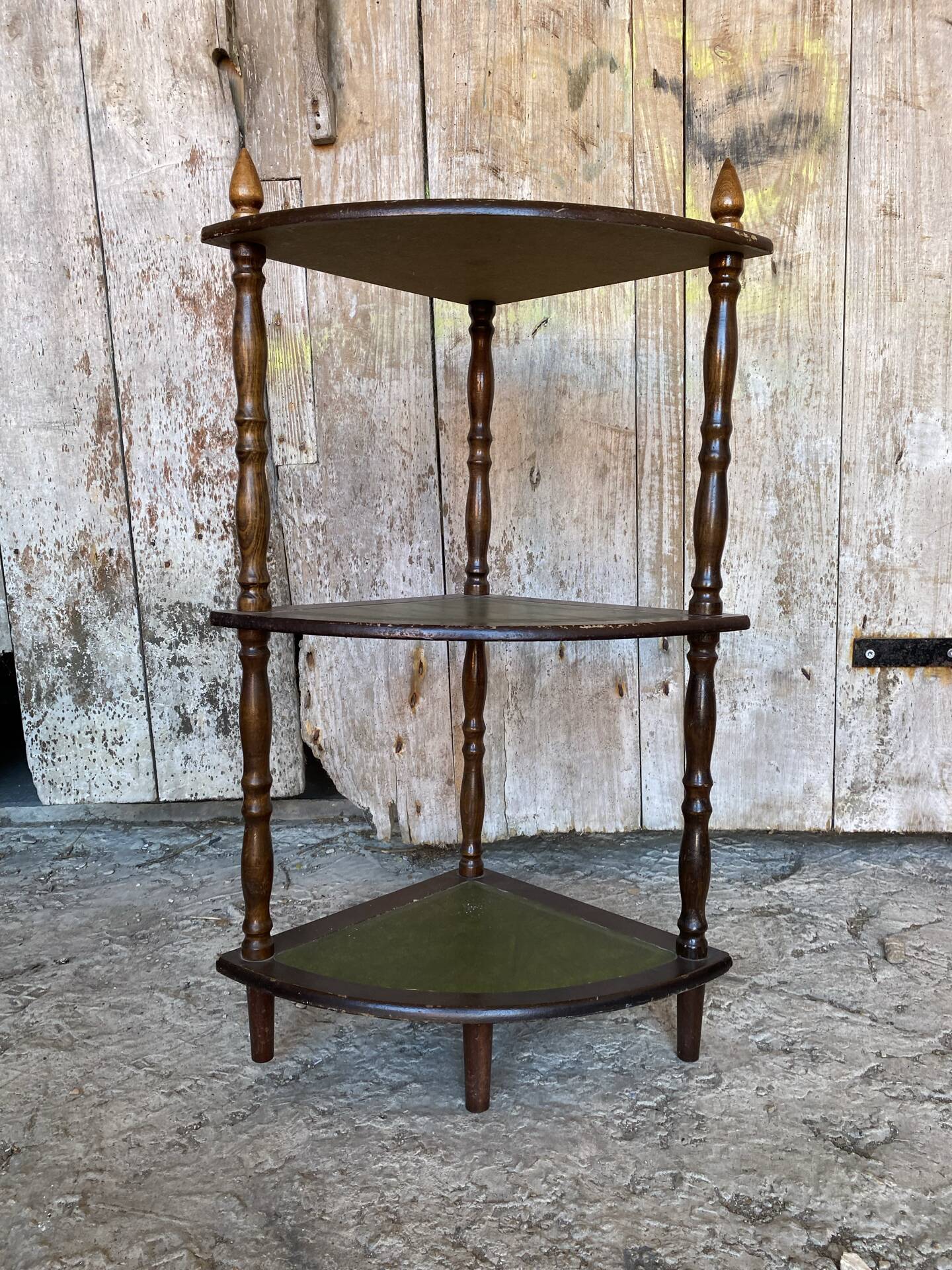 Étagère Meuble D’Angle Ancien Bois + Tablette Verte Vintage