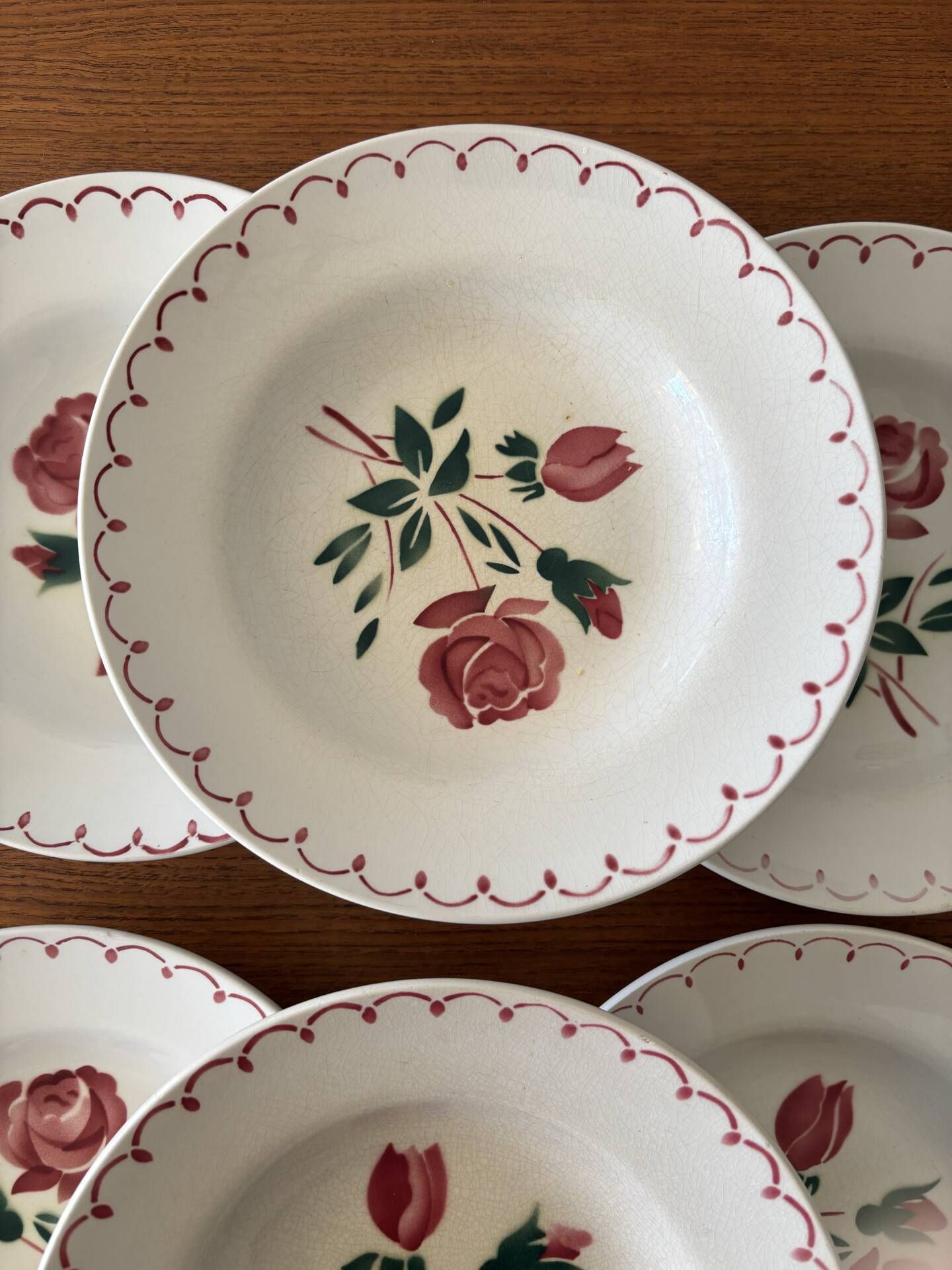 Set of 6 antique deep plates in earthenware • Red rose decoration