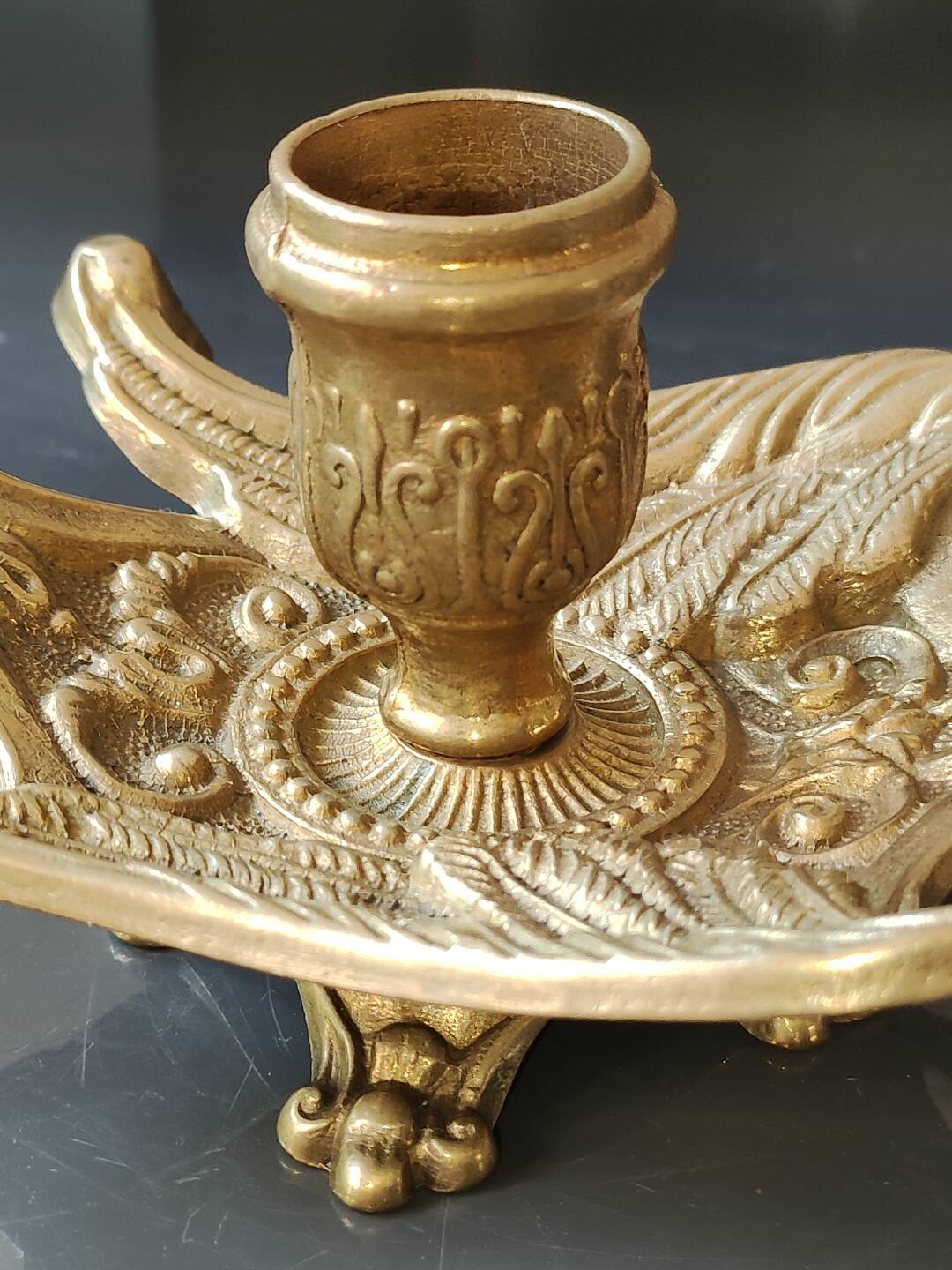 Hand-held bourgeoir/cellar rat, Phoenix/Peacock, in brass. Art Nouveau style