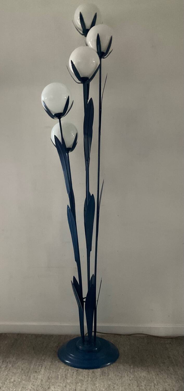 Vintage floor lamp 5 lamps in opaline and blue metal