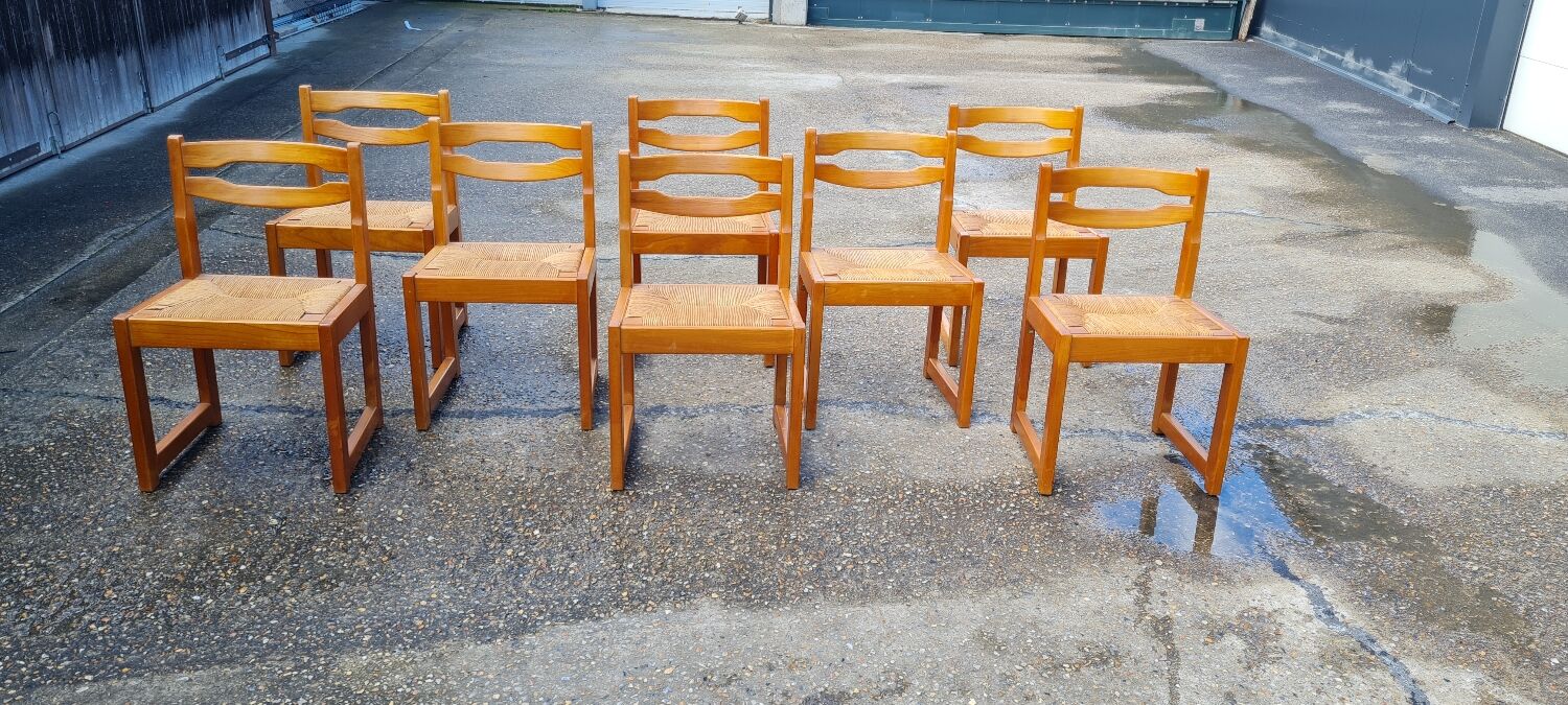 Set of 8 chairs in elm and straw by Maison Regain
