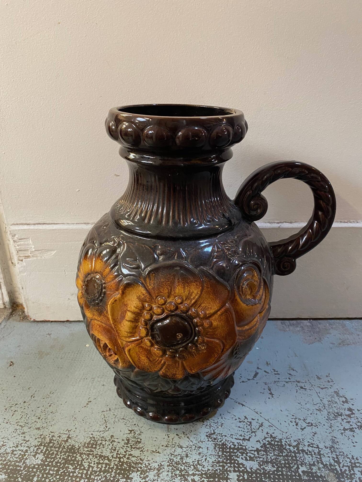 German scheuerich ceramic vase with flowers decor from the 70s