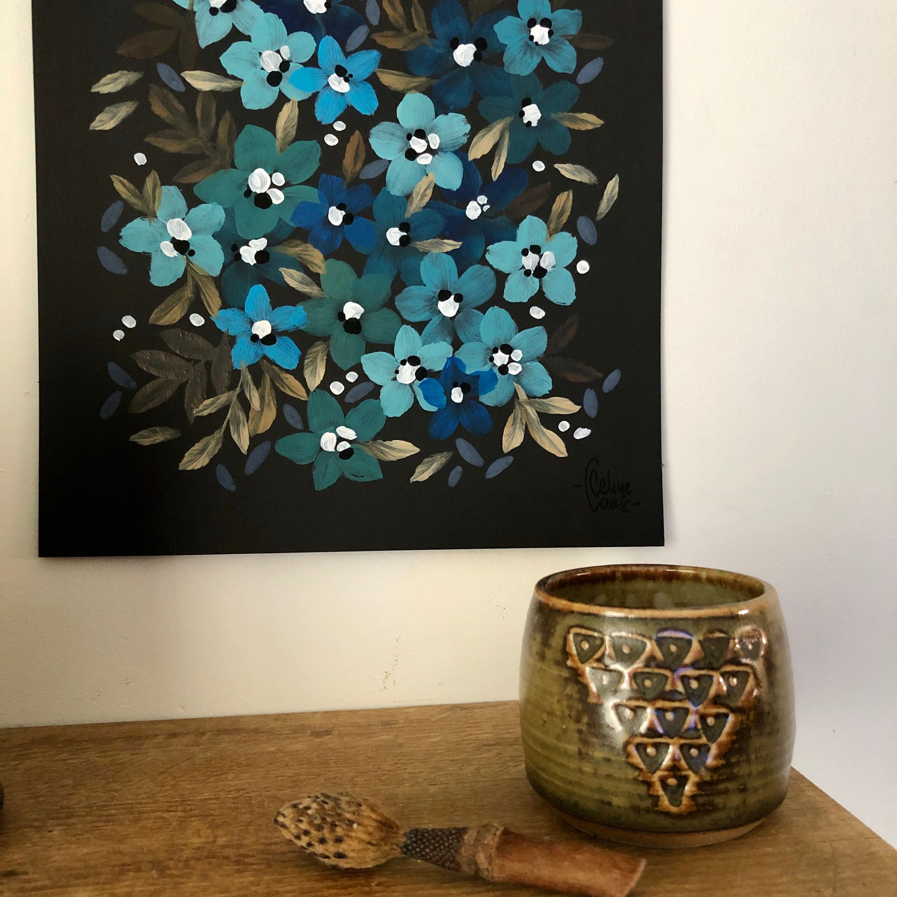 Peinture petites fleurs bleues