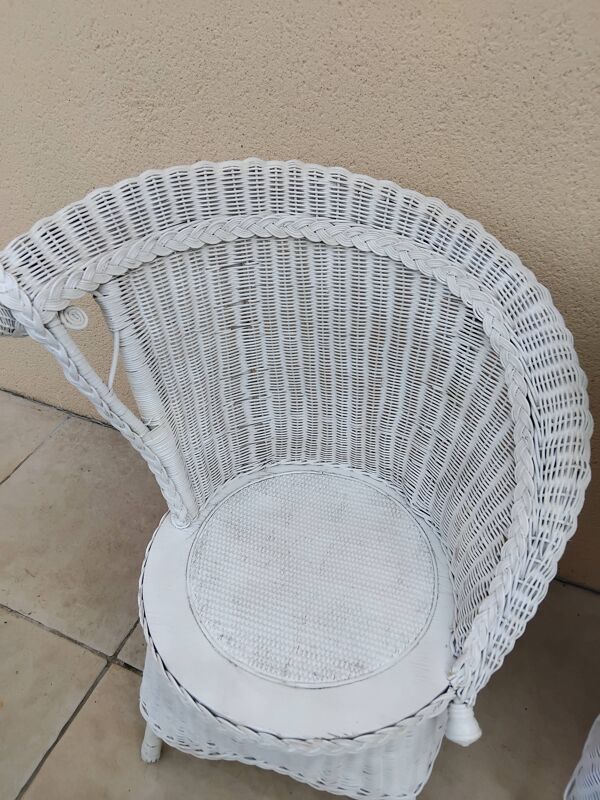 Paire de fauteuil en osier rotin blanc art deco vintage