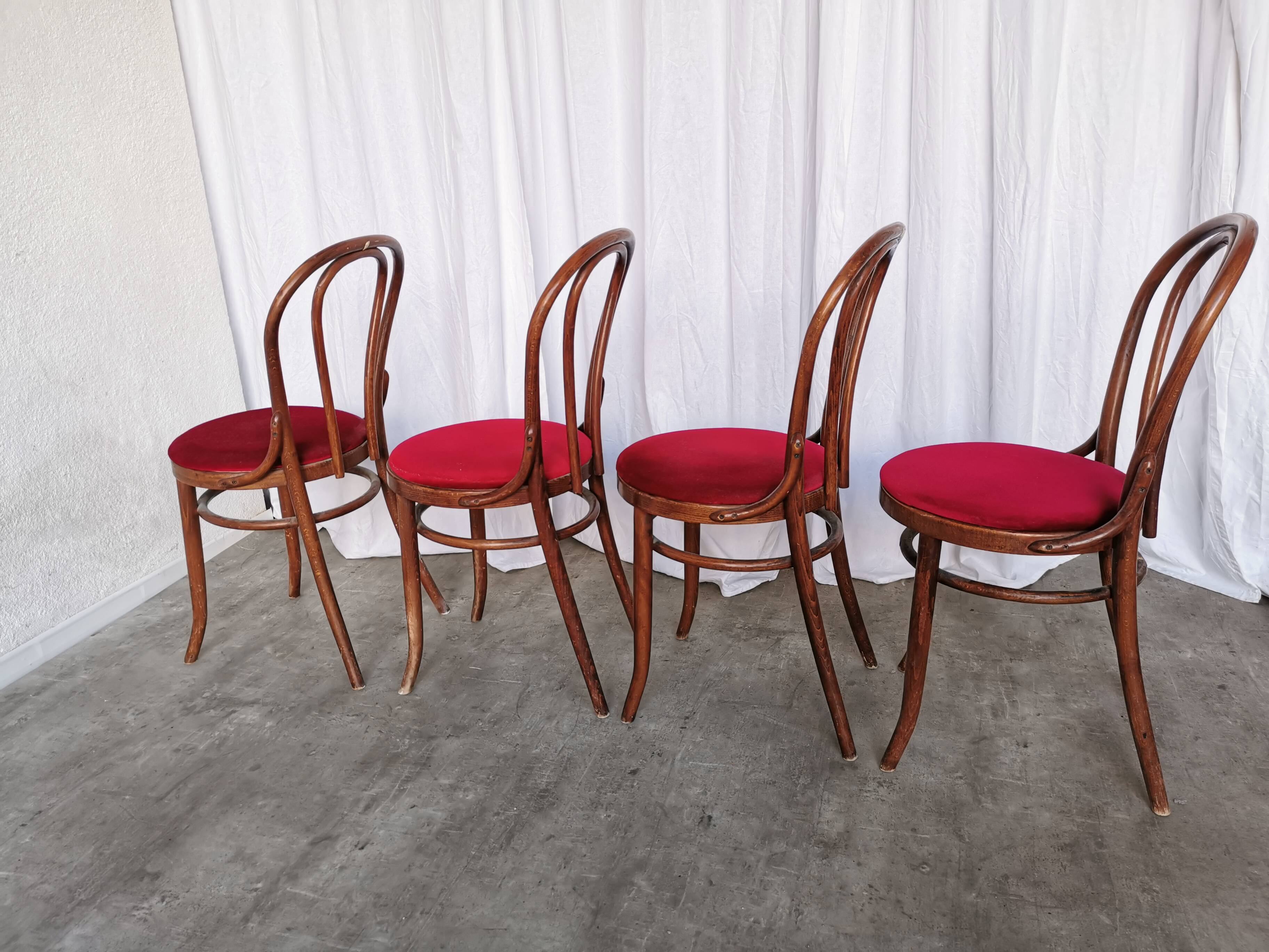 Set of 4 Vintage Bentwood Bistro Chairs, Red Upholstery
