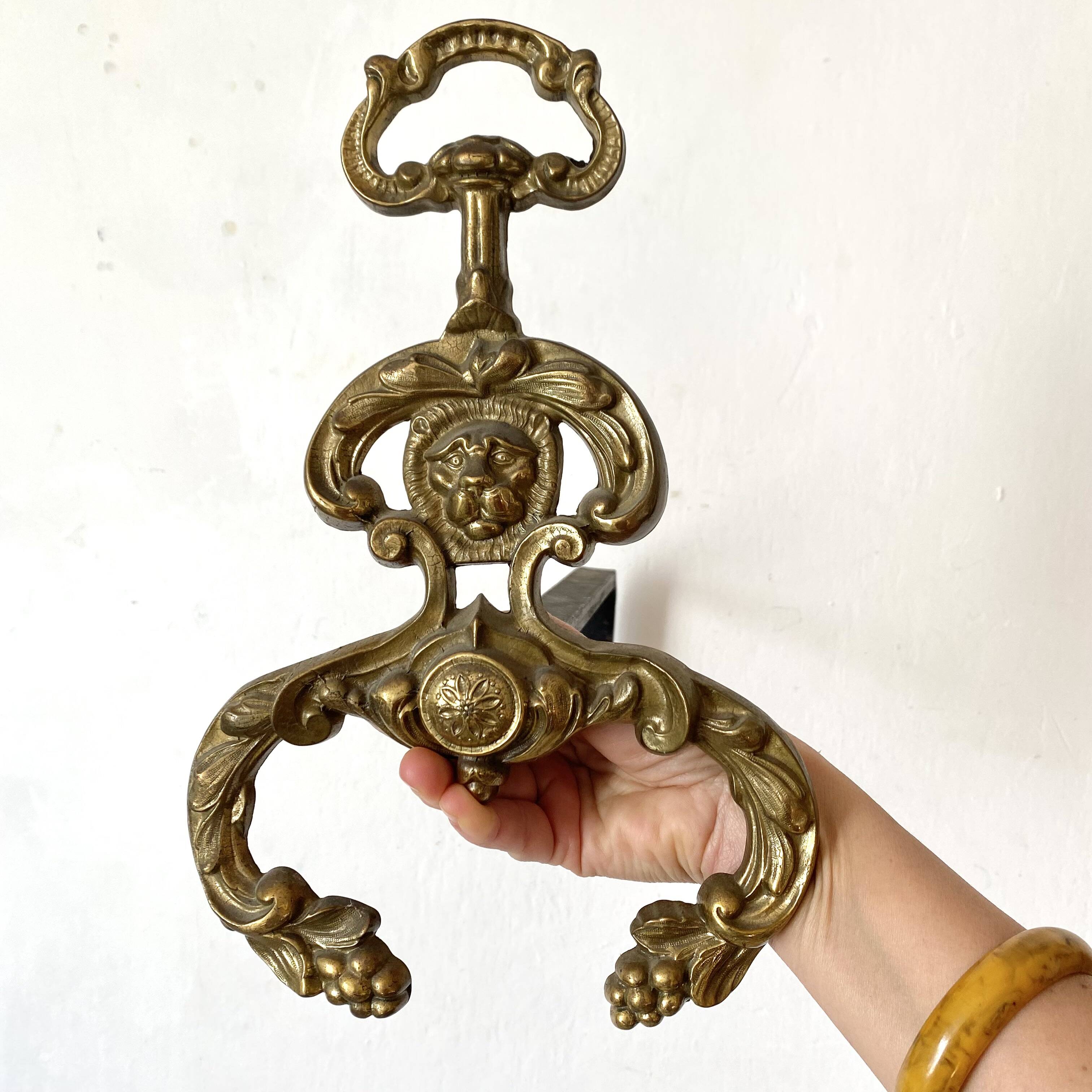 Pair of brass andirons, lion head