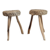 Pair of brutalist tripod stools attributed to Audoux & Minet.