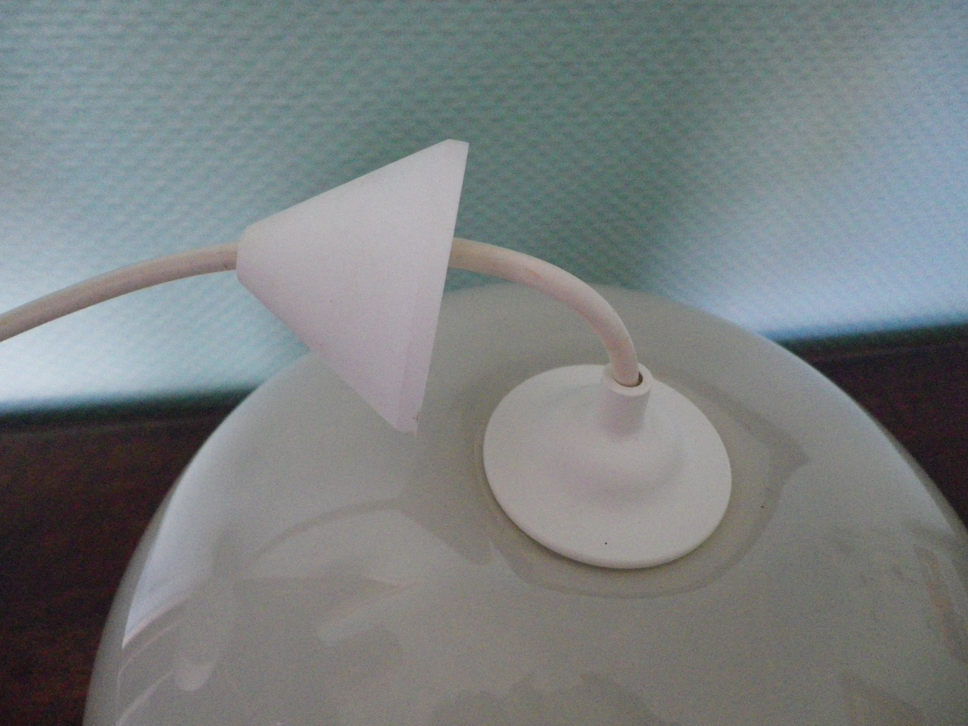 Space age pendant lamp, white opaline with orange silkscreened geometric designs