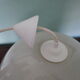 Space age pendant lamp, white opaline with orange silkscreened geometric designs