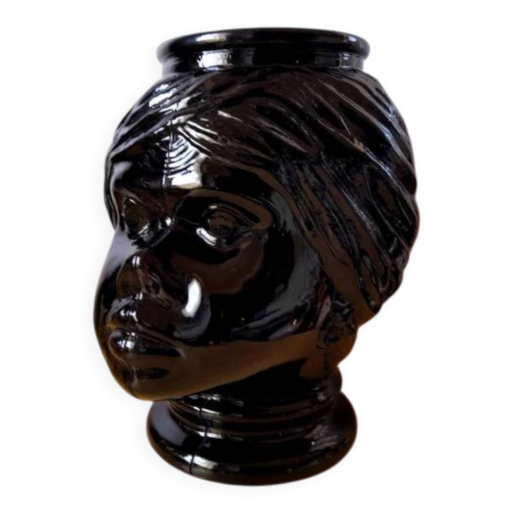 Vase ou cache pot tête de Maure en verre 1970