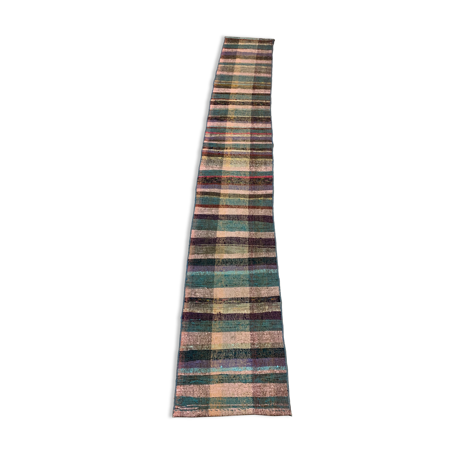 Old Turkish narrow Kilim Runner 330x50 cm, shabby chic, vintage kelim Pink Green