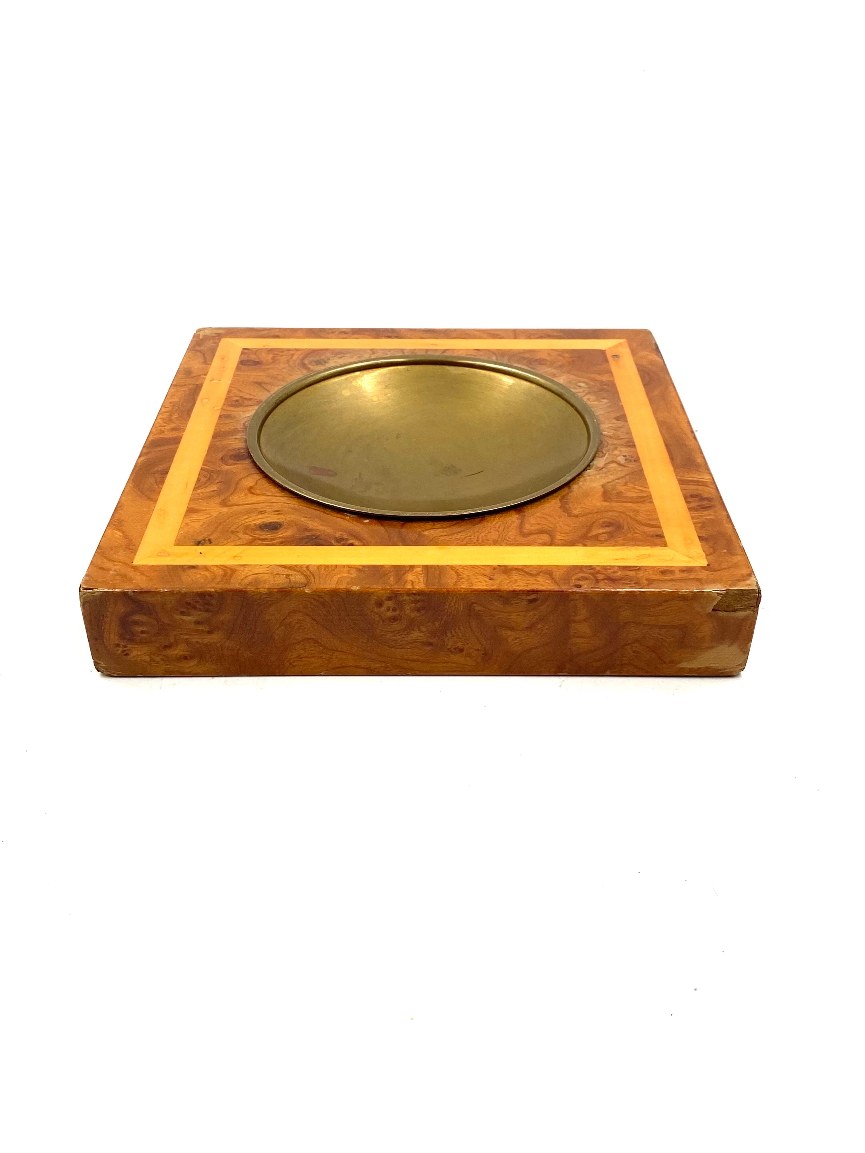 Smoking Set, brass and wood ashtrays, lighter and cigars box, Italy 1970