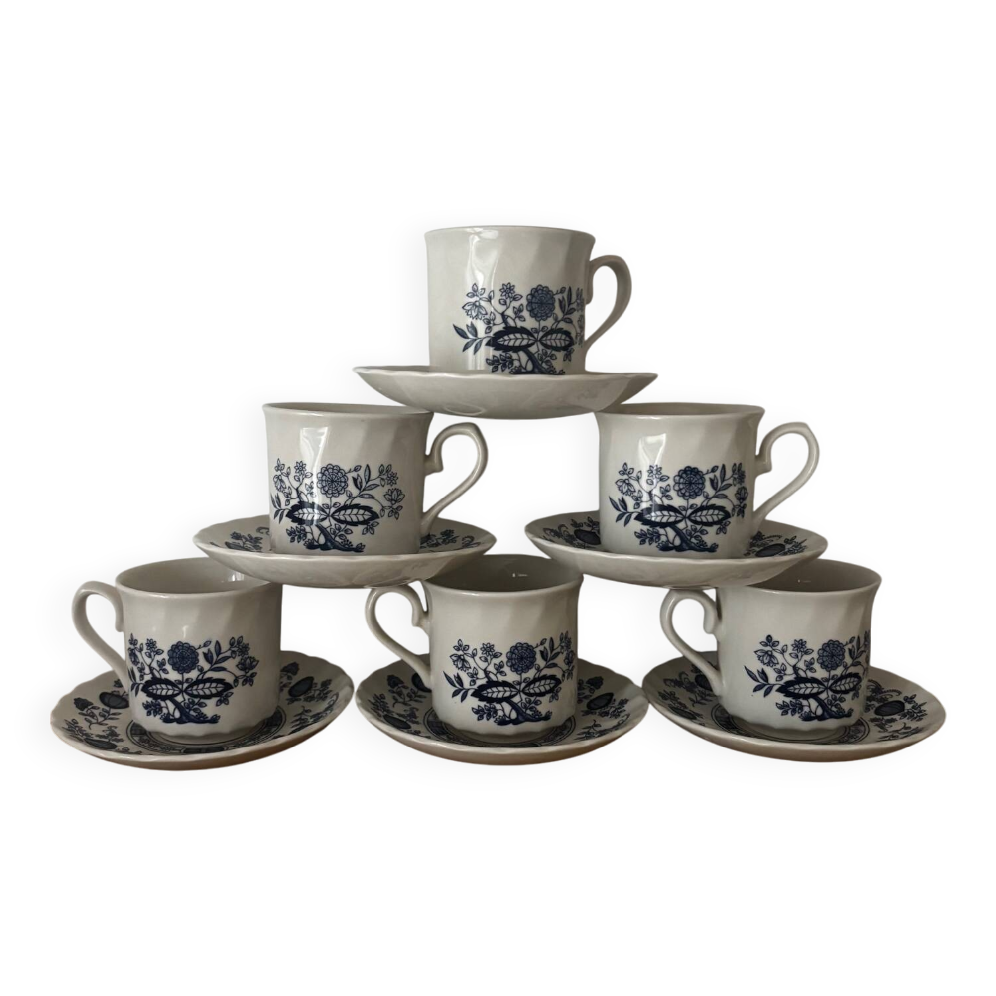 Vintage set of 6 Royal Wessex English blue flower cups and saucers
