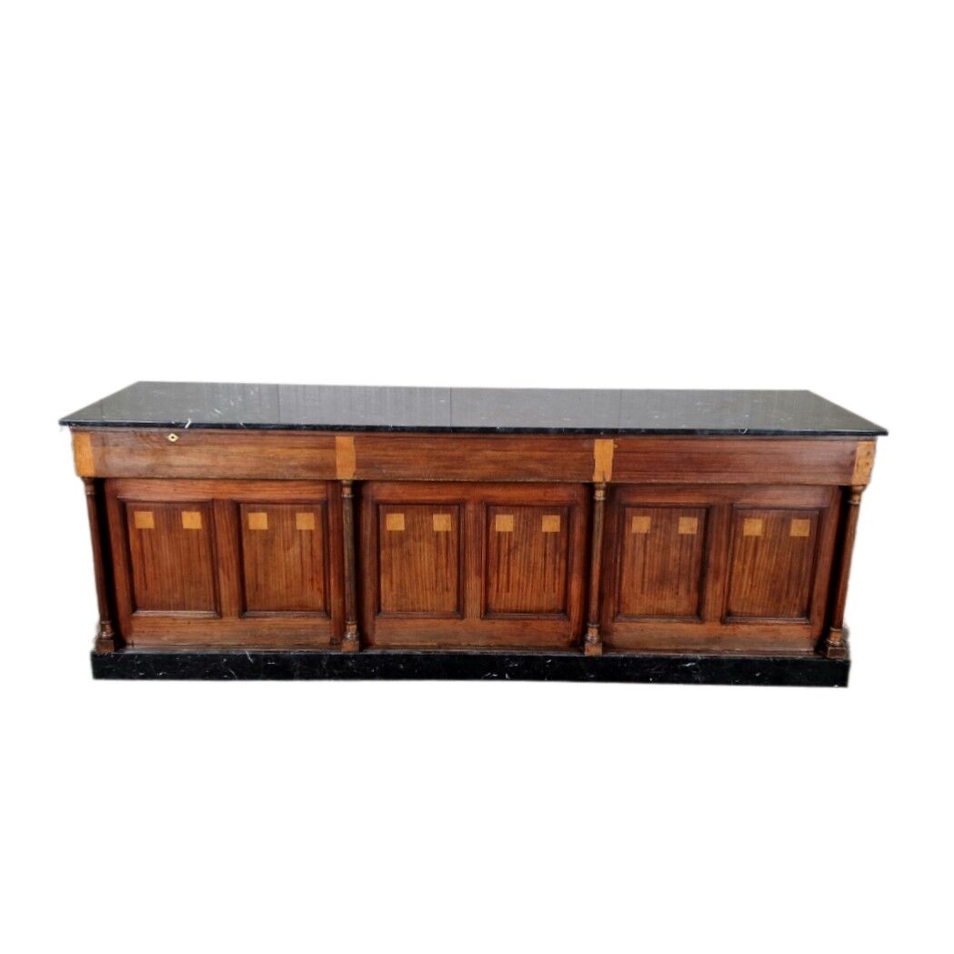 Grand comptoir de pharmacie Art Déco en acajou et marbre, 1909