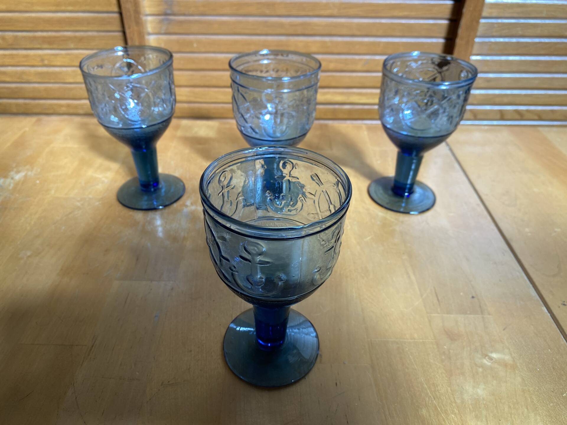 Set of 4 Stemmed Glasses Moulded Blue Marine Decor 1960s Vintage
