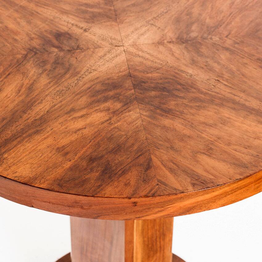 Art Deco style pedestal table in walnut wood veneer. France, 40's