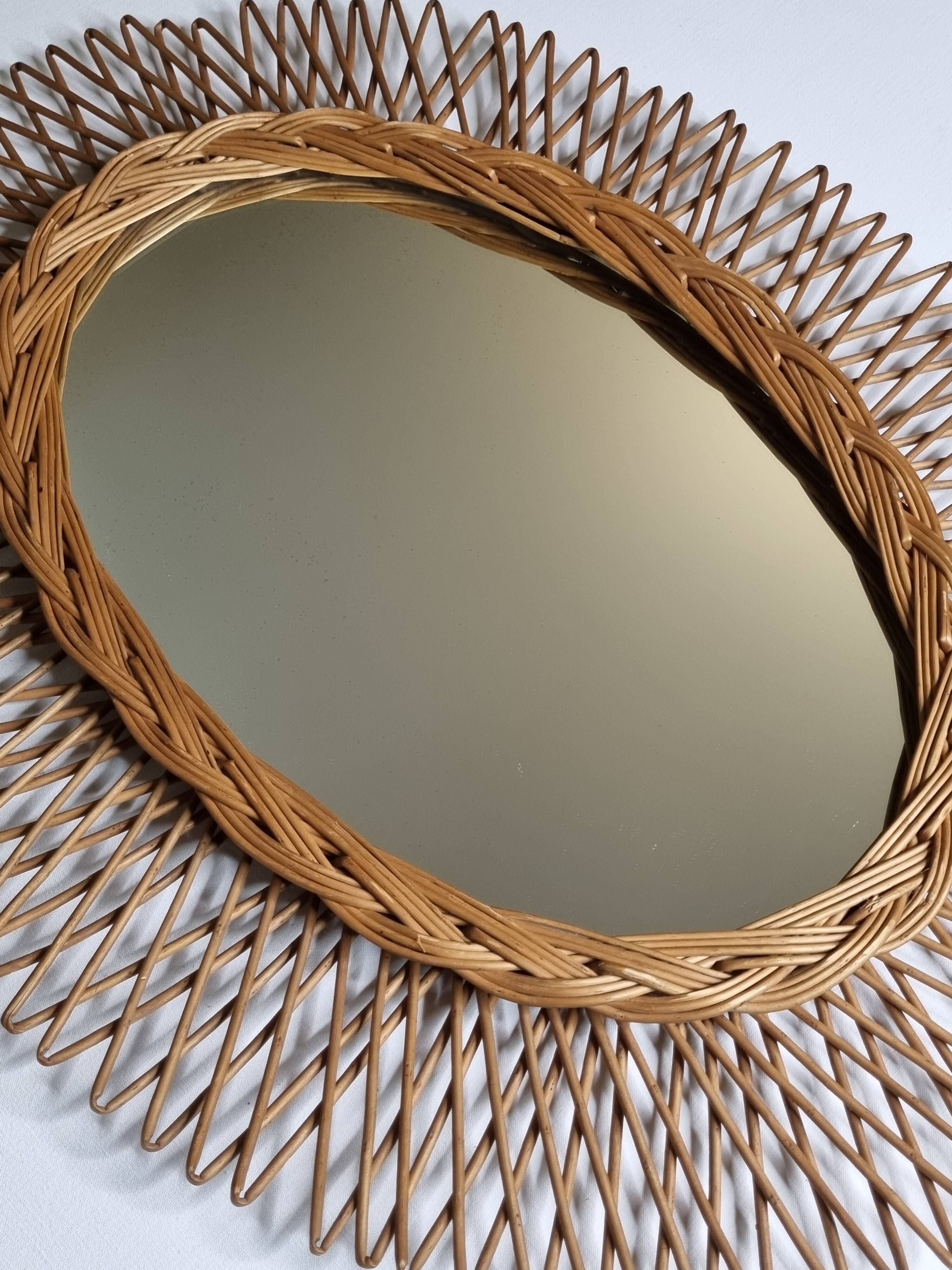 Original vintage rattan mirror, oval shape, 70 cm