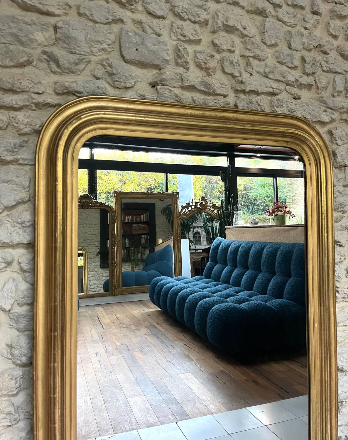 Antique mirror 136.5/98cm Louis-Philippe pearl-gilded with gold leaf.