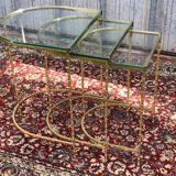 Suite of 3 trundle tables in golden brinze and glass slabs period 1970/1980