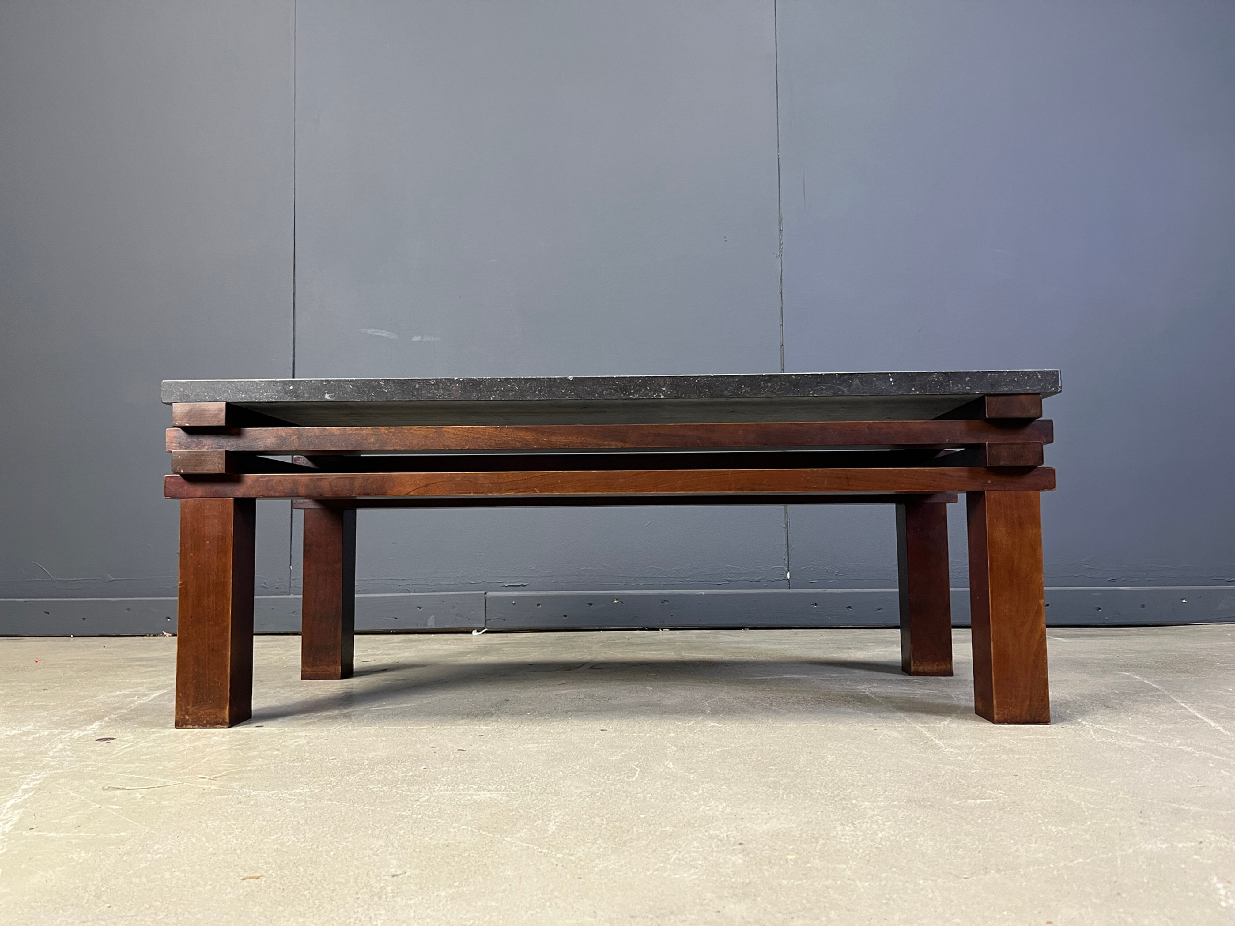 Vintage wooden and stone top coffee table, 1970s