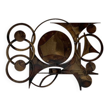 Sculpture murale en métal brutaliste danoise du milieu du siècle et porte-bougies par Henrik Horst