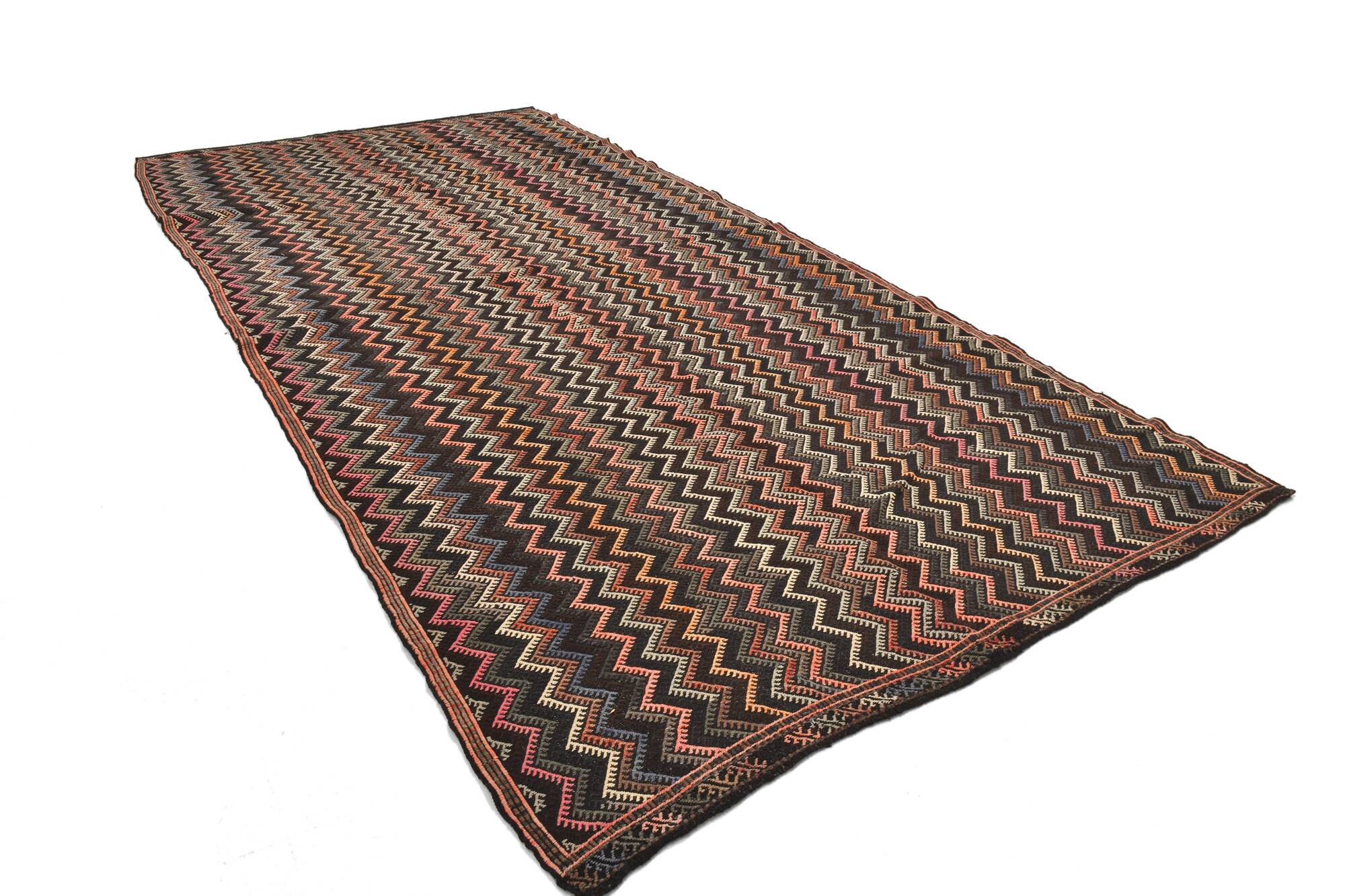 6x14 Pink & Brown Geometric Vintage Kilim Rug, 190x417Cm