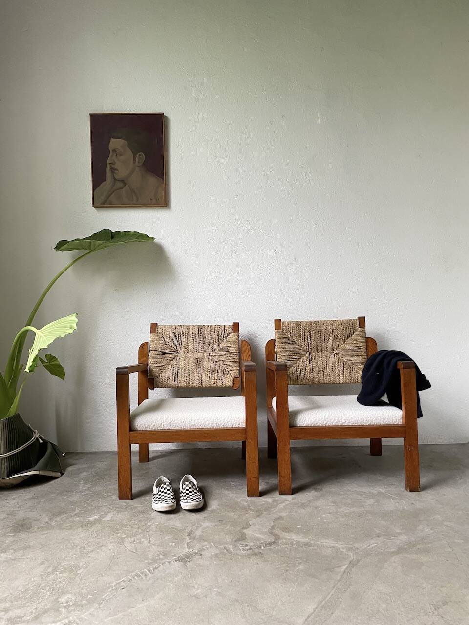Pair of oak and straw armchairs, reconstruction style