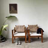 Pair of oak and straw armchairs, reconstruction style