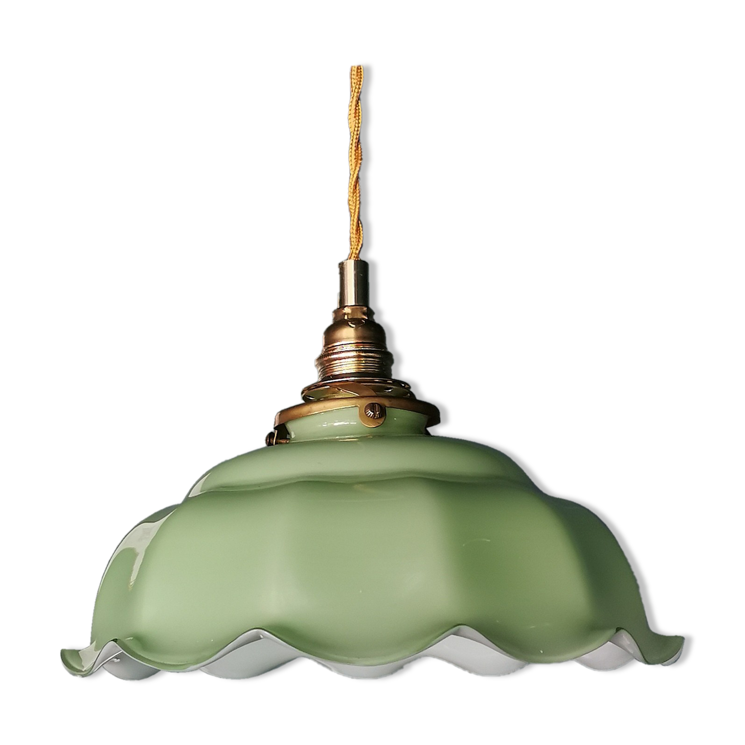 Lamp suspension vintage 70s opaline golden metal "La belle Verte"