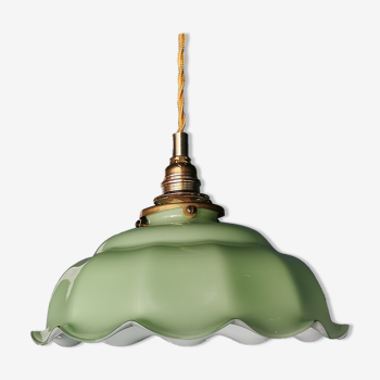 Lampe suspension vintage années 70 métal doré opaline "La belle Verte"