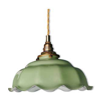 Lamp suspension vintage 70s opaline golden metal "La belle Verte"