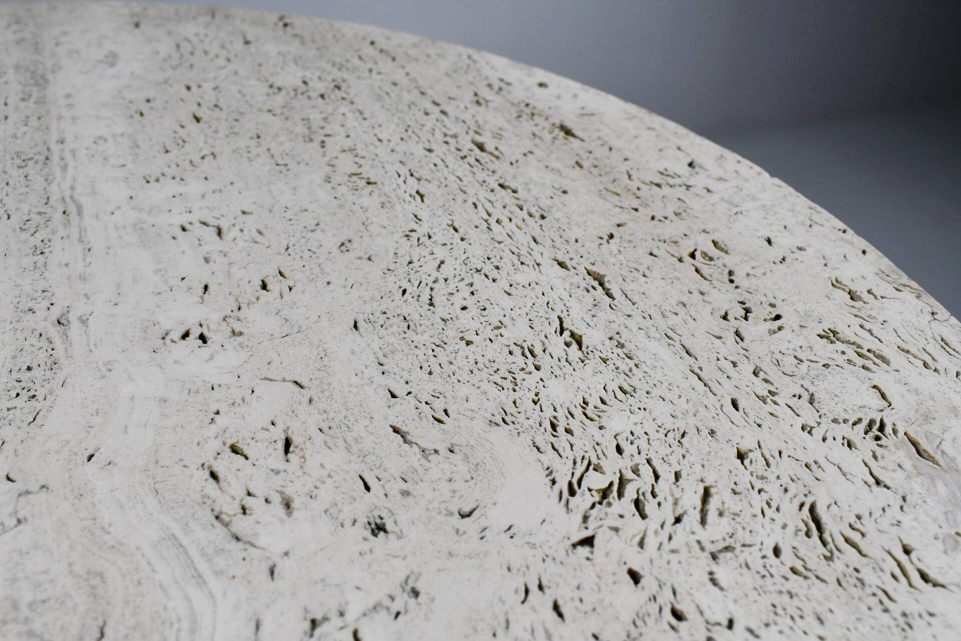 Vintage travertine bistro/dining table, solid metal base. (A)