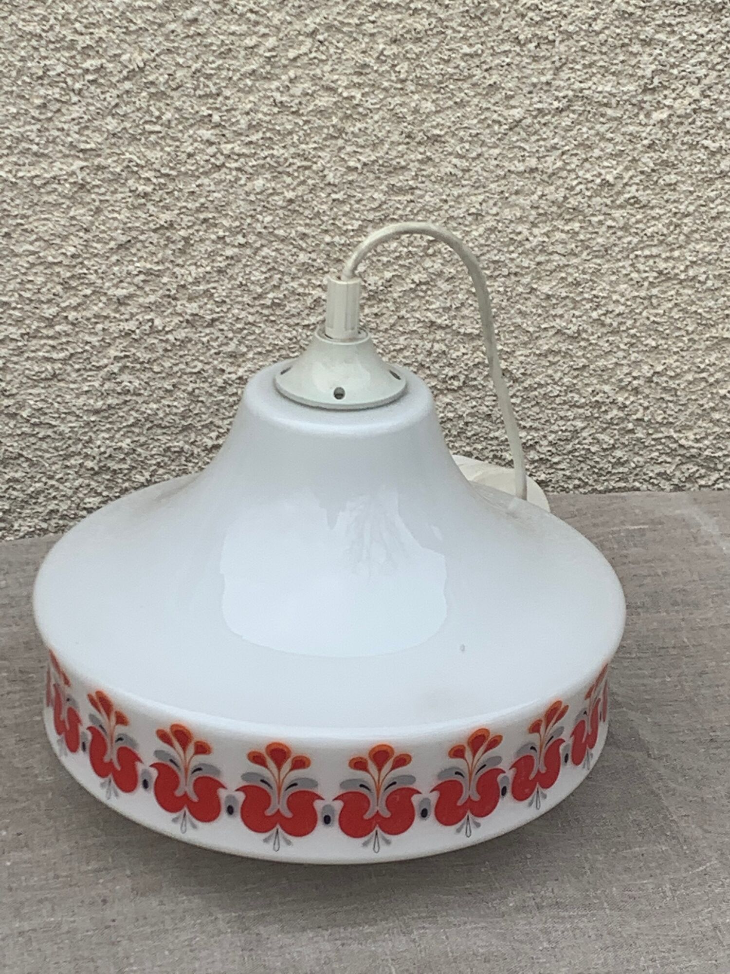 Pendant lamp, white opaline globe with a vintage red design floral pattern 1970