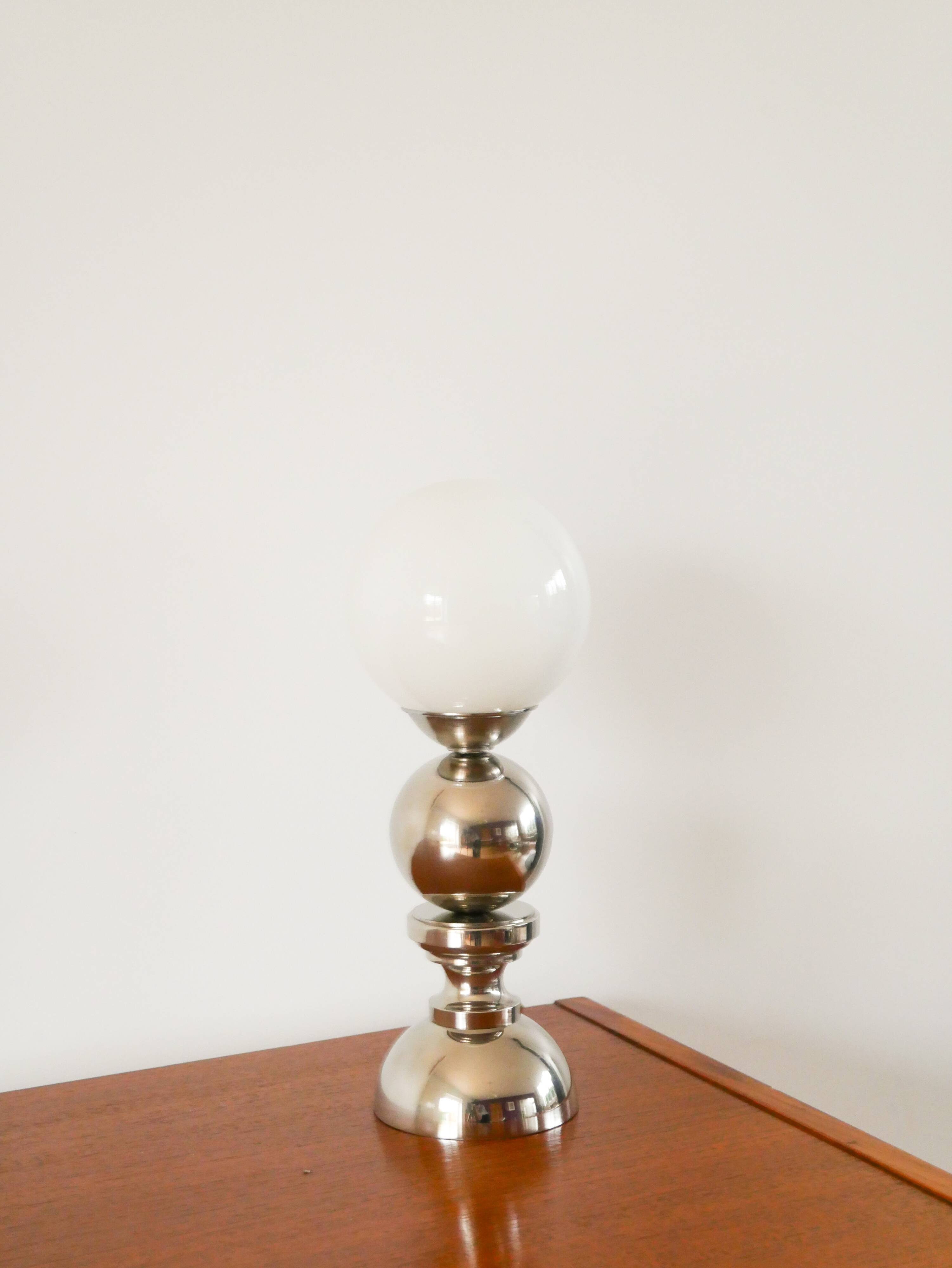 Chromed metal lamp and opaline globe, Space Age Design, 1970