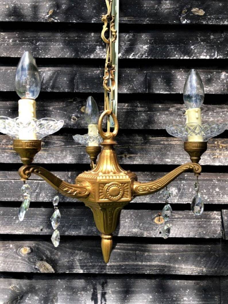 Gilt French Chandelier: Neo Classical 3-Branch Crystal Pendant Light