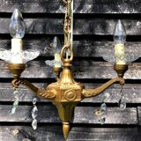 Gilt French Chandelier: Neo Classical 3-Branch Crystal Pendant Light