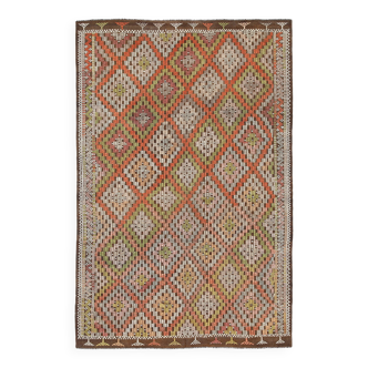 Tapis Kilim Tribal Vintage, Losanges Orange Vert Terre Coloré, 227x343 Cm