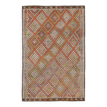 Tapis Kilim Tribal Vintage, Losanges Orange Vert Terre Coloré, 227x343 Cm