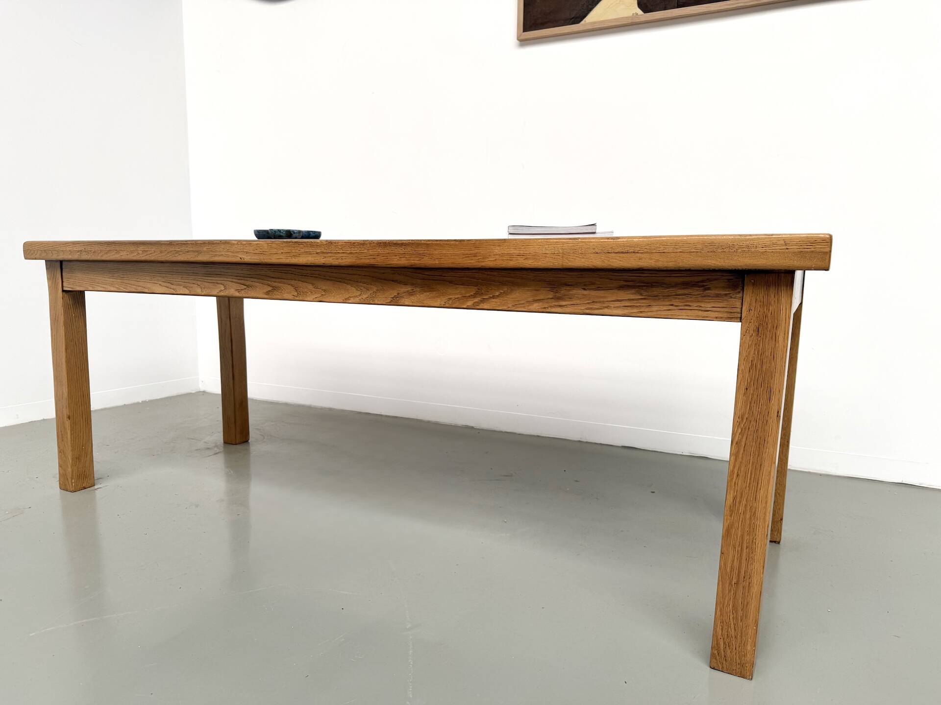 Solid oak farmhouse table, square legs.