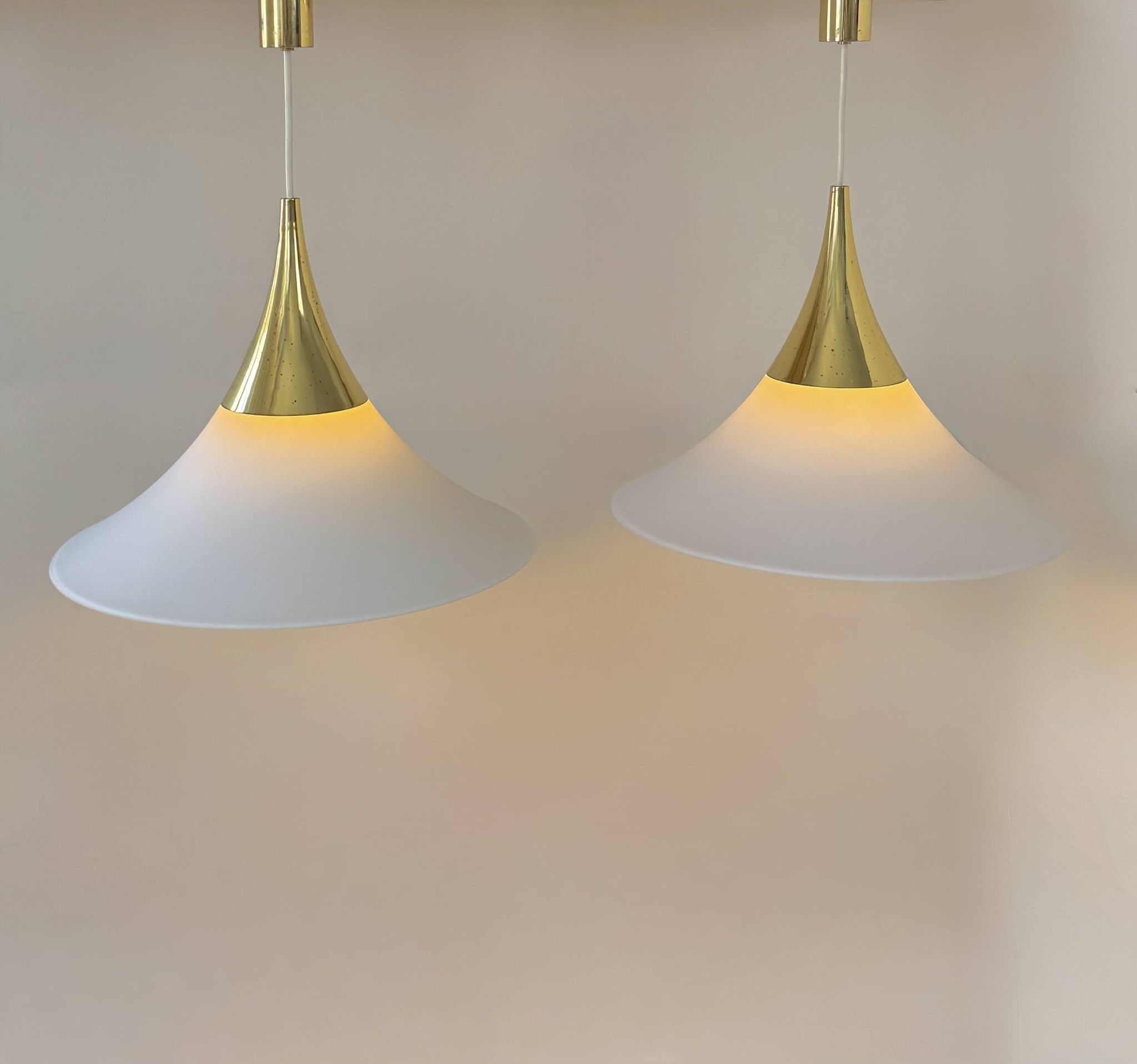 XL Pair of vintage pendants by Limburg, brass and opaline, Germany 1